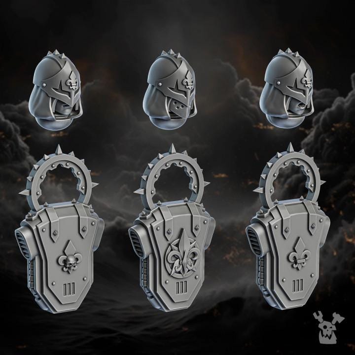 Set of metallic armor pieces on a dark, smoky background