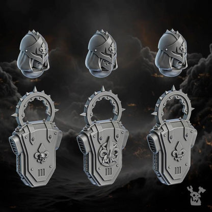 Set of metallic armor pieces on a dark, smoky background