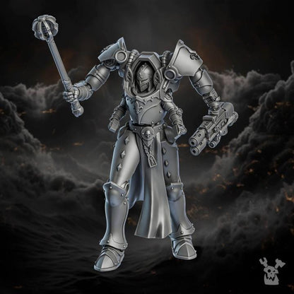 Metallic warrior figurine with armor and weapon on a dark background