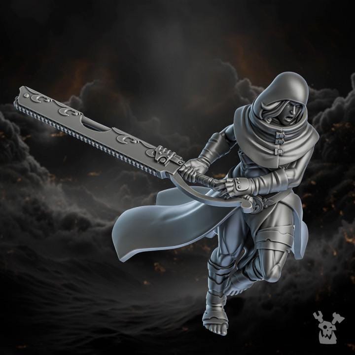 Statue of a hooded warrior holding a large sword against a dark background