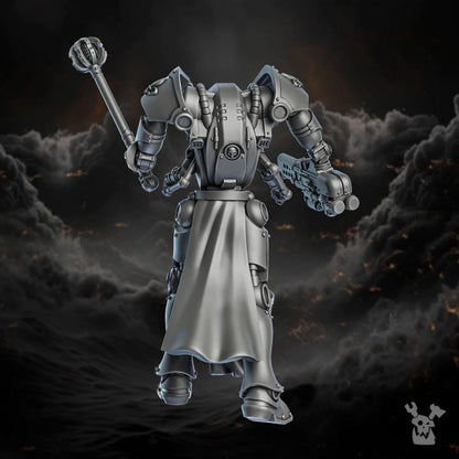 Mechanical figure with a cloak against a dark, smoky background