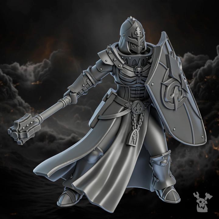 Gothic-style warrior in armor with a mace and shield on a dark background