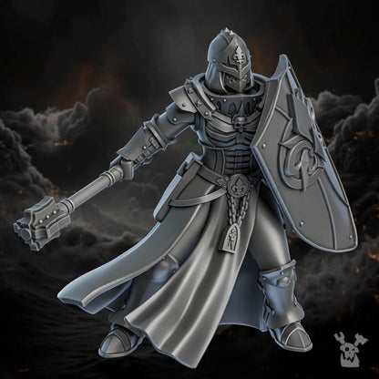 Gothic-style warrior in armor with a mace and shield on a dark background