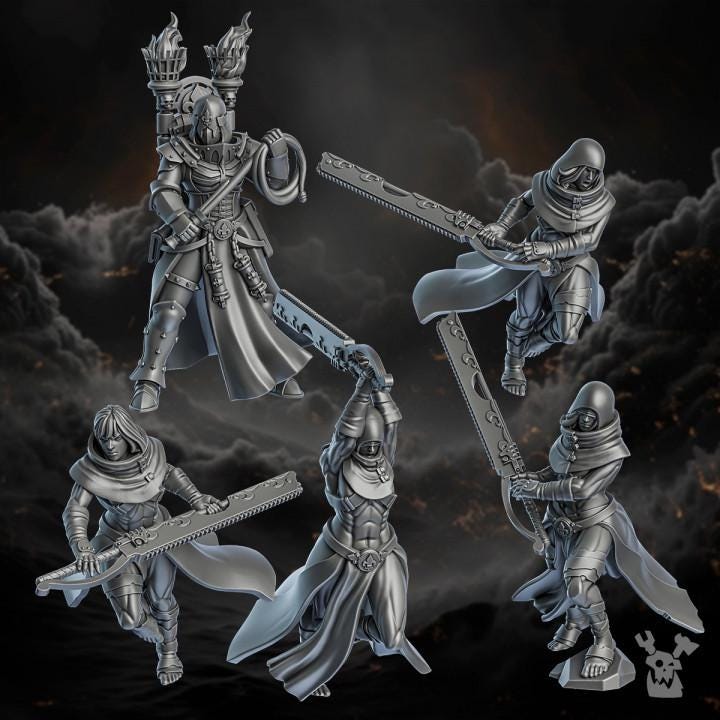 Five metallic fantasy figurines with weapons on a dark background
