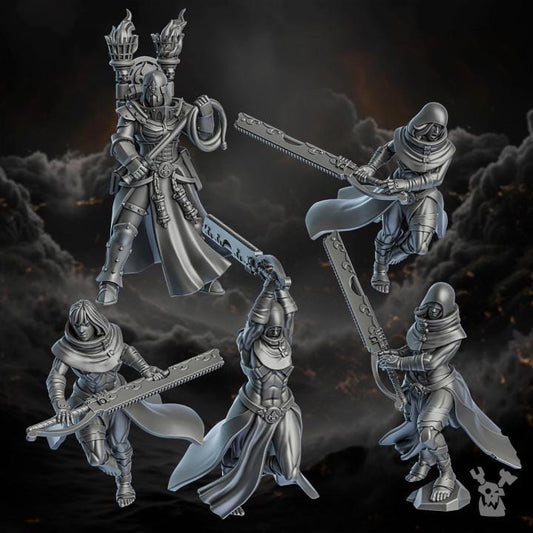 Five metallic fantasy figurines with weapons on a dark background