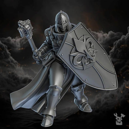 Gray armored warrior with a shield and weapon against a dark background