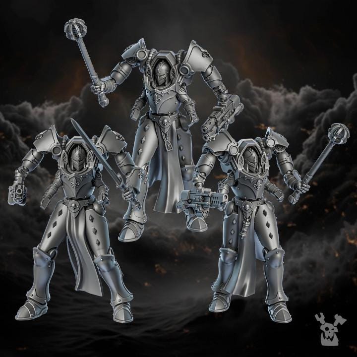 Three metallic robot figures on a dark, textured background