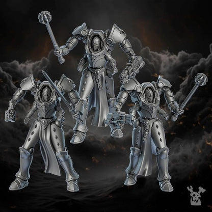 Three metallic robot figures on a dark, textured background