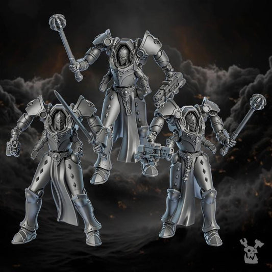 Three metallic robot figures on a dark, textured background