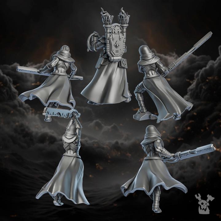 Five fantasy figurines in silver armor on a dark background