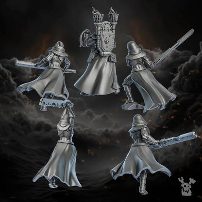 Five fantasy figurines in silver armor on a dark background