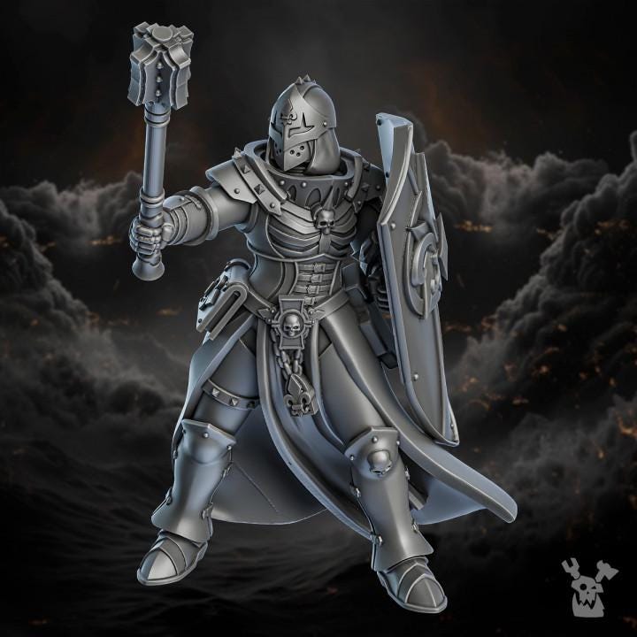 Metallic armor figure with a weapon and shield on a dark background