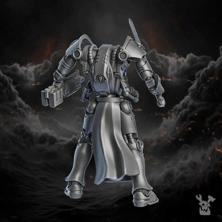 Metallic robot figure with a dark, smoky background