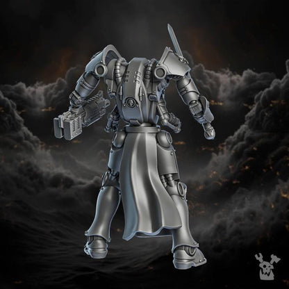 Metallic robot figure with a dark, smoky background