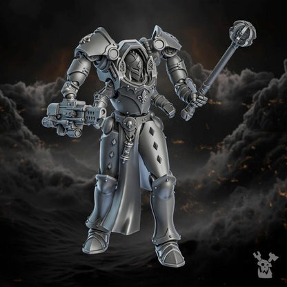 Mechanical warrior figure with weapons on a dark, smoky background