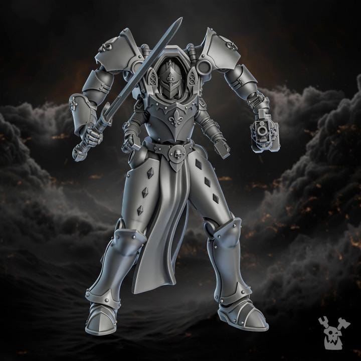 Metallic robot warrior standing on a dark, smoky background