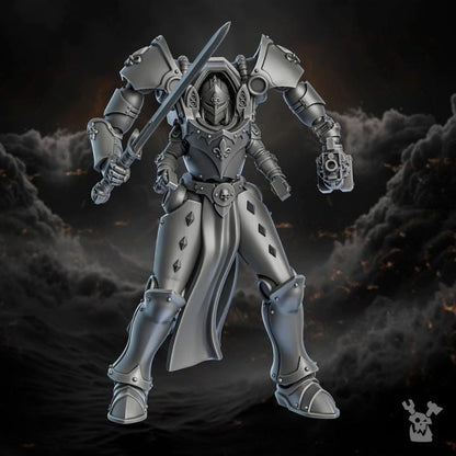 Metallic robot warrior standing on a dark, smoky background