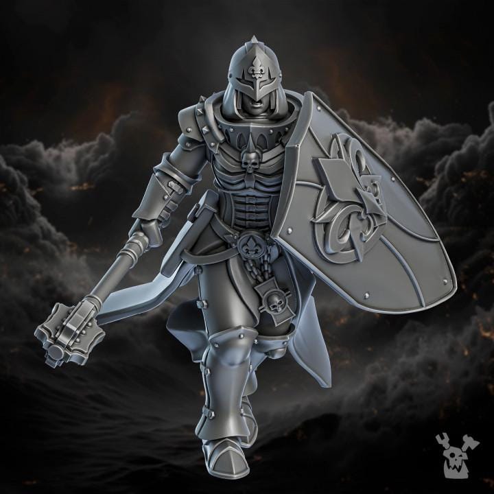 Metallic armor suit with a shield and weapon on a dark background