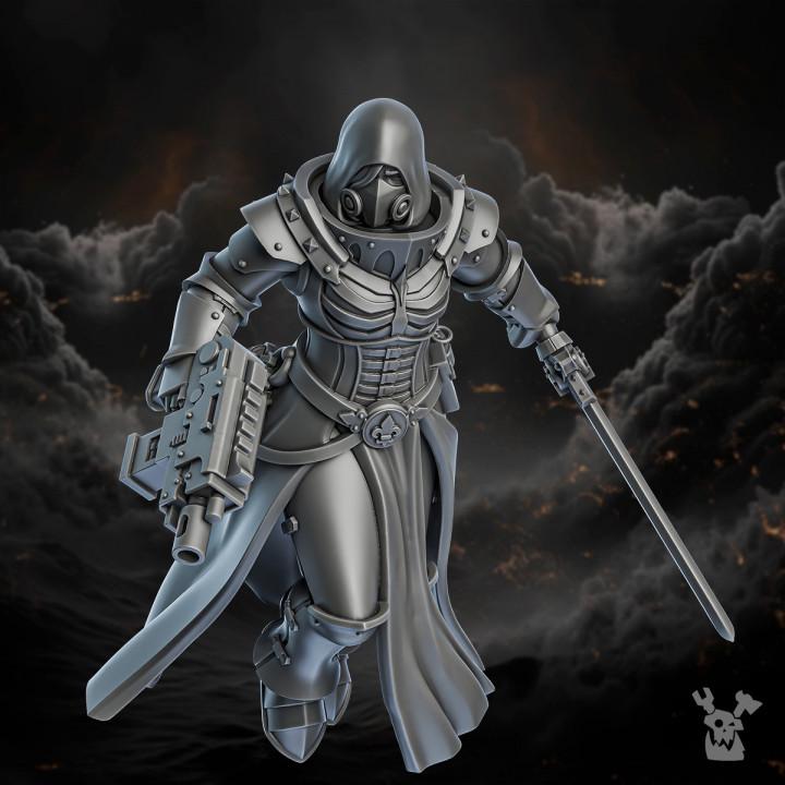 Metallic armor suit with a sword against a dark, smoky background