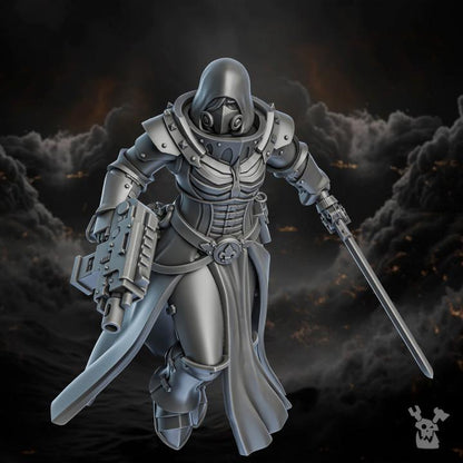Metallic armor suit with a sword against a dark, smoky background