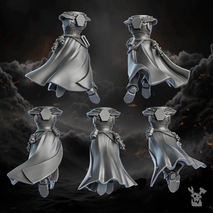 Five views of a character in a gray outfit against a dark, smoky background.