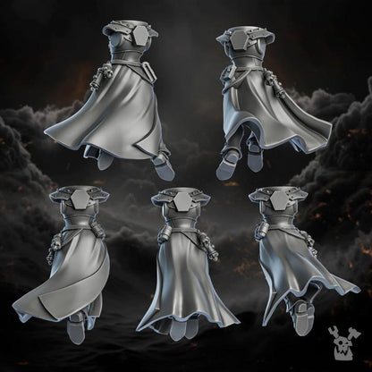 Five views of a character in a gray outfit against a dark, smoky background.