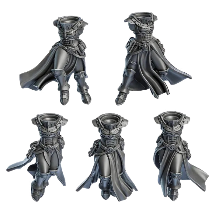 Five views of a metallic figurine with armor and cape on a dark background