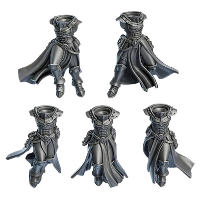 Five views of a metallic figurine with armor and cape on a dark background
