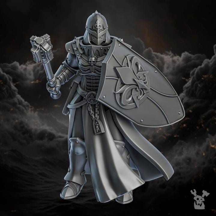 Gray armored figure with a shield and weapon on a dark background