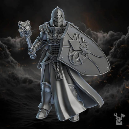 Gray armored figure with a shield and weapon on a dark background