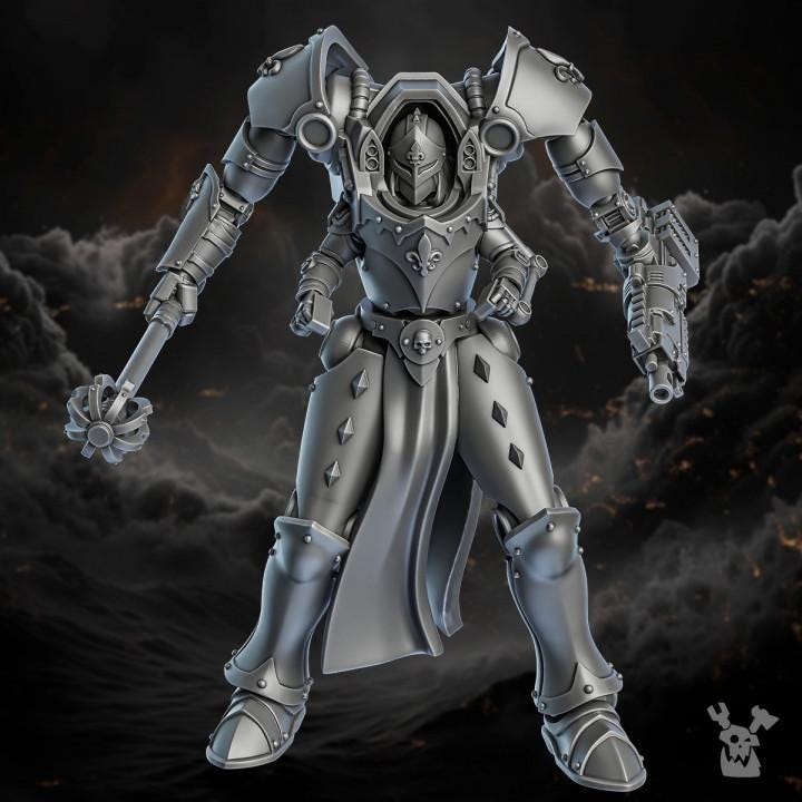 Metallic robot figure with detailed armor on a dark background