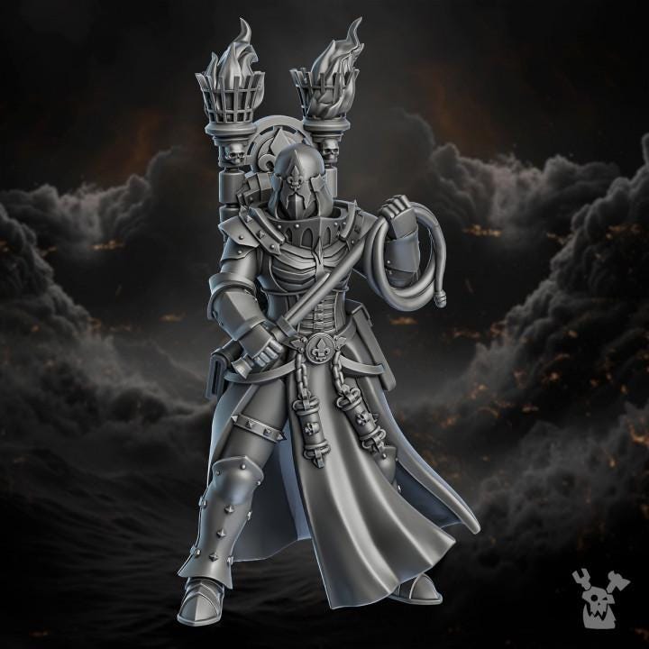 Metallic warrior figure with torches against a dark, smoky background