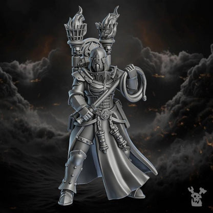 Metallic warrior figure with torches against a dark, smoky background