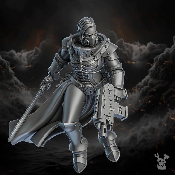 Metallic warrior figure with armor and weapons against a dark background