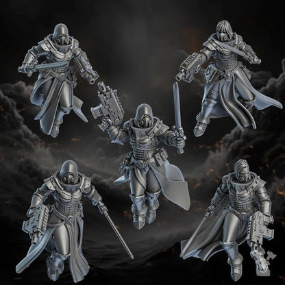 Five metallic warrior figurines on a dark, textured background