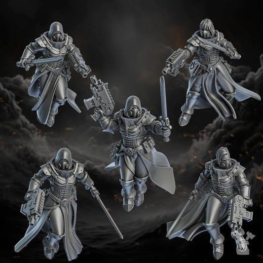Five metallic warrior figurines on a dark, textured background