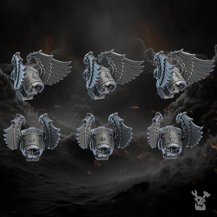 Set of metallic winged containers on a dark, smoky background