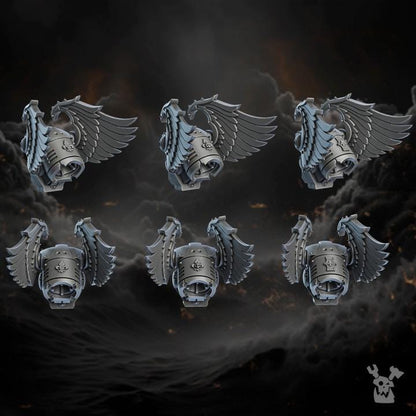 Set of metallic winged containers on a dark, smoky background