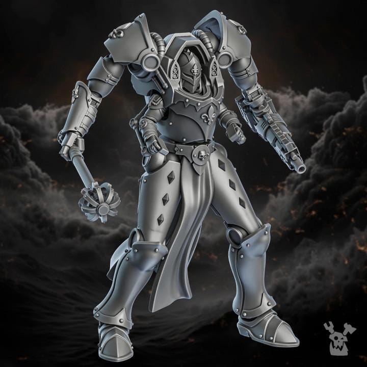Mechanical figure with a dark, smoky background
