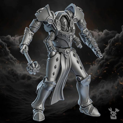 Mechanical figure with a dark, smoky background