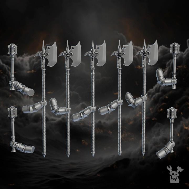 Set of fantasy axes on a dark background with smoke and fire effects