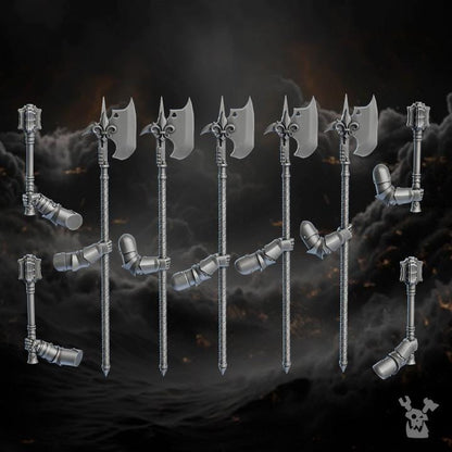 Set of fantasy axes on a dark background with smoke and fire effects