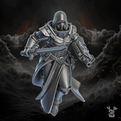 Futuristic warrior in gray armor with a weapon on a dark background