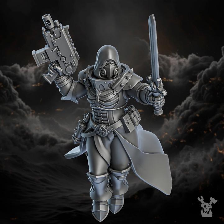 Gray armored figure holding a weapon against a dark, smoky background
