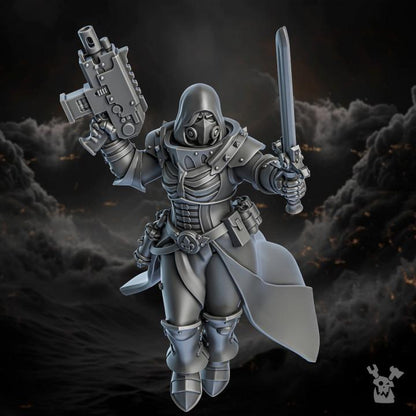 Gray armored figure holding a weapon against a dark, smoky background
