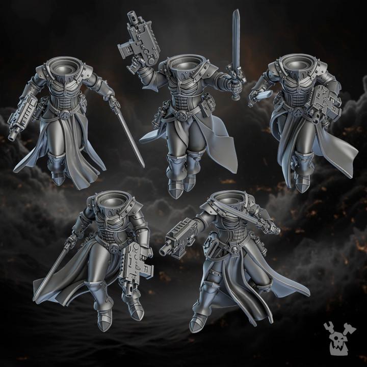 Five metallic figurines with weapons on a dark background