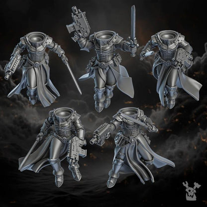 Five metallic figurines with weapons on a dark background