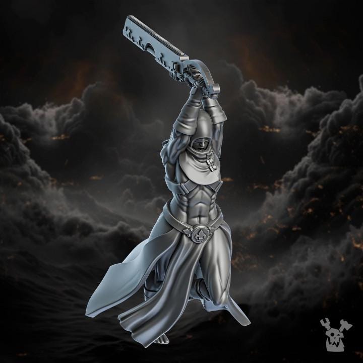 Statue of a warrior holding a sword against a dark, smoky background