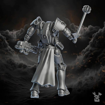 Mechanical figure with a cape and weapon on a dark background