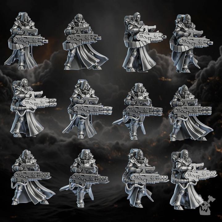 Metallic figurines of soldiers with weapons on a dark background